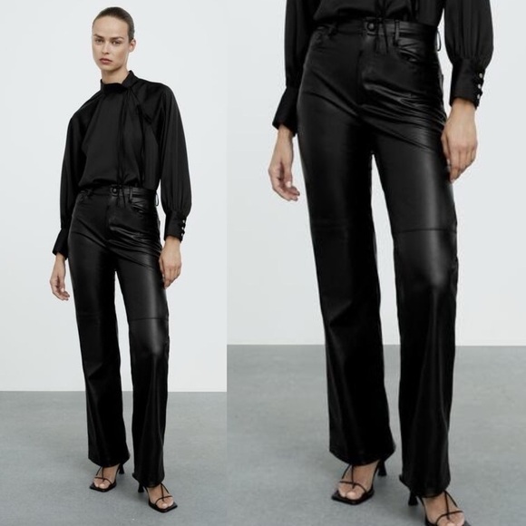 Zara- Black High Waisted Straight Leg Leather Pants Basic Everyday Size Large - Picture 1 of 9